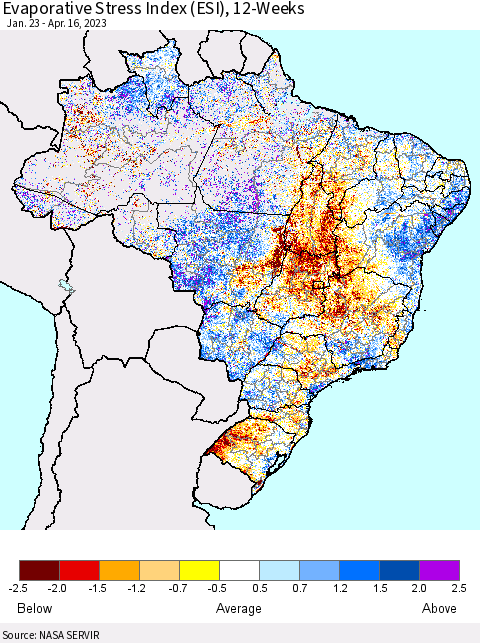 Brazil Evaporative Stress Index (ESI), 12-Weeks Thematic Map For 4/10/2023 - 4/16/2023