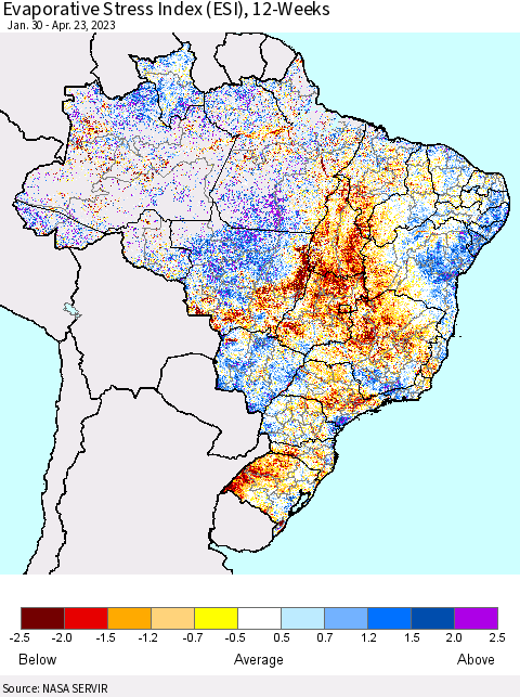 Brazil Evaporative Stress Index (ESI), 12-Weeks Thematic Map For 4/17/2023 - 4/23/2023