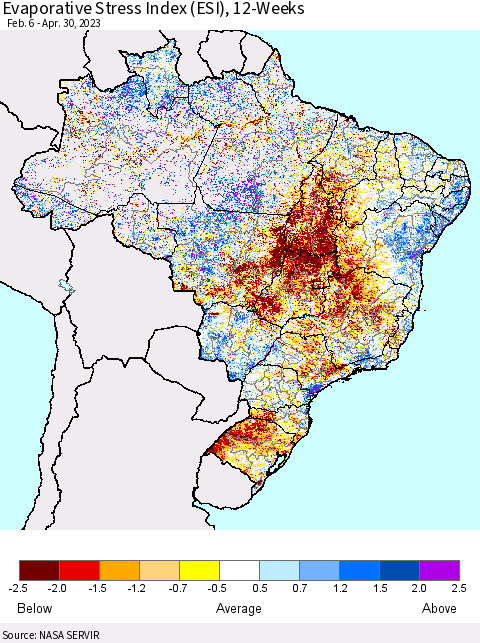 Brazil Evaporative Stress Index (ESI), 12-Weeks Thematic Map For 4/24/2023 - 4/30/2023
