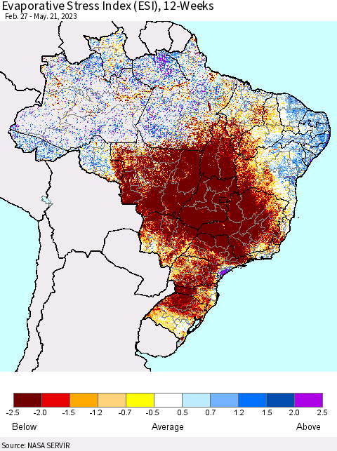 Brazil Evaporative Stress Index (ESI), 12-Weeks Thematic Map For 5/15/2023 - 5/21/2023
