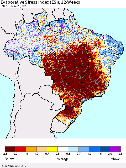 Brazil Evaporative Stress Index (ESI), 12-Weeks Thematic Map For 5/22/2023 - 5/28/2023