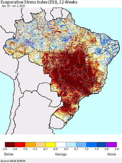 Brazil Evaporative Stress Index (ESI), 12-Weeks Thematic Map For 6/26/2023 - 7/2/2023