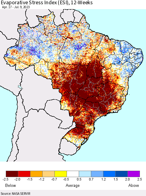 Brazil Evaporative Stress Index (ESI), 12-Weeks Thematic Map For 7/3/2023 - 7/9/2023
