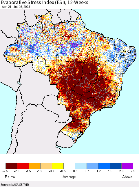 Brazil Evaporative Stress Index (ESI), 12-Weeks Thematic Map For 7/10/2023 - 7/16/2023