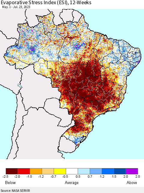 Brazil Evaporative Stress Index (ESI), 12-Weeks Thematic Map For 7/17/2023 - 7/23/2023