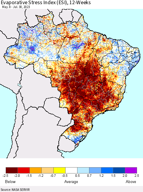 Brazil Evaporative Stress Index (ESI), 12-Weeks Thematic Map For 7/24/2023 - 7/30/2023