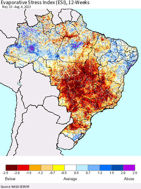 Brazil Evaporative Stress Index (ESI), 12-Weeks Thematic Map For 7/31/2023 - 8/6/2023