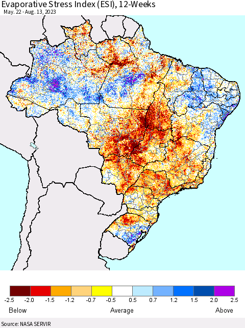 Brazil Evaporative Stress Index (ESI), 12-Weeks Thematic Map For 8/7/2023 - 8/13/2023