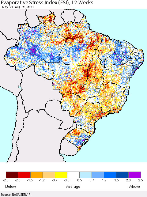 Brazil Evaporative Stress Index (ESI), 12-Weeks Thematic Map For 8/14/2023 - 8/20/2023