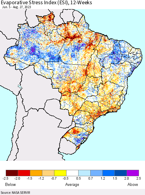 Brazil Evaporative Stress Index (ESI), 12-Weeks Thematic Map For 8/21/2023 - 8/27/2023