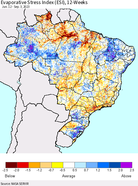 Brazil Evaporative Stress Index (ESI), 12-Weeks Thematic Map For 8/28/2023 - 9/3/2023