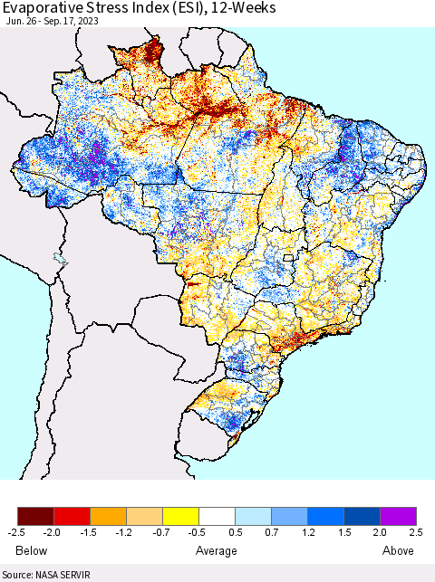 Brazil Evaporative Stress Index (ESI), 12-Weeks Thematic Map For 9/11/2023 - 9/17/2023