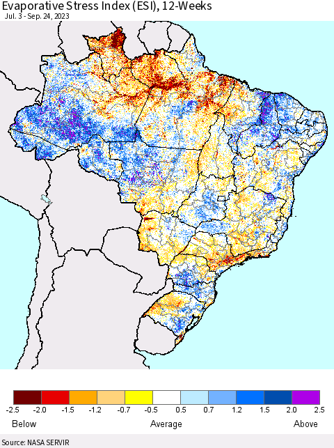 Brazil Evaporative Stress Index (ESI), 12-Weeks Thematic Map For 9/18/2023 - 9/24/2023