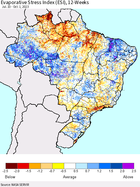 Brazil Evaporative Stress Index (ESI), 12-Weeks Thematic Map For 9/25/2023 - 10/1/2023