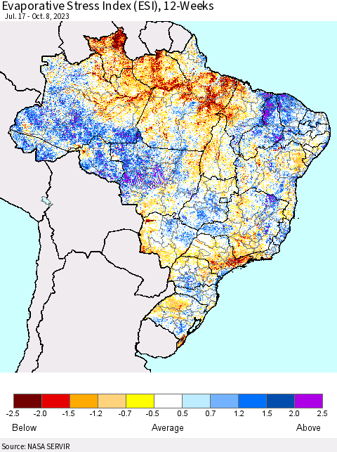 Brazil Evaporative Stress Index (ESI), 12-Weeks Thematic Map For 10/2/2023 - 10/8/2023