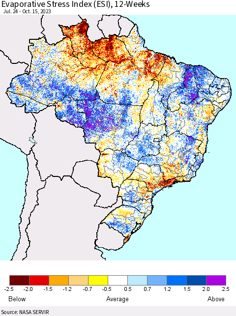 Brazil Evaporative Stress Index (ESI), 12-Weeks Thematic Map For 10/9/2023 - 10/15/2023