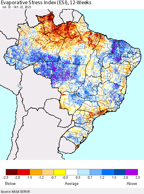 Brazil Evaporative Stress Index (ESI), 12-Weeks Thematic Map For 10/16/2023 - 10/22/2023