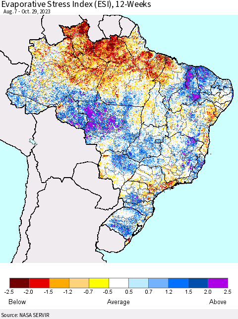 Brazil Evaporative Stress Index (ESI), 12-Weeks Thematic Map For 10/23/2023 - 10/29/2023