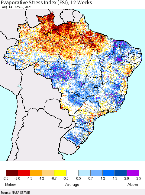 Brazil Evaporative Stress Index (ESI), 12-Weeks Thematic Map For 10/30/2023 - 11/5/2023