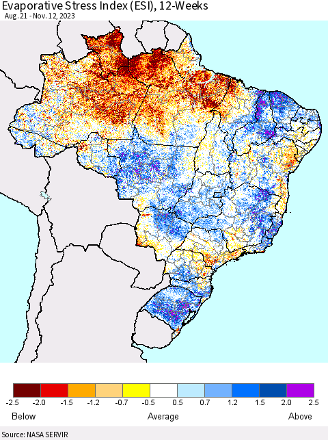 Brazil Evaporative Stress Index (ESI), 12-Weeks Thematic Map For 11/6/2023 - 11/12/2023