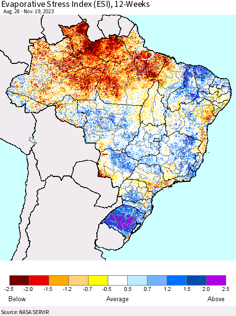 Brazil Evaporative Stress Index (ESI), 12-Weeks Thematic Map For 11/13/2023 - 11/19/2023