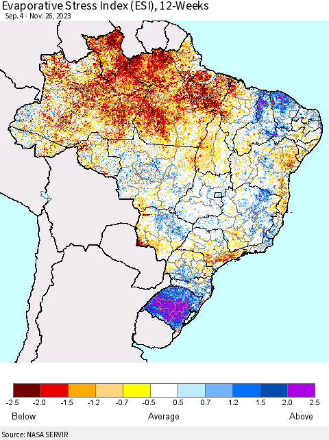 Brazil Evaporative Stress Index (ESI), 12-Weeks Thematic Map For 11/20/2023 - 11/26/2023