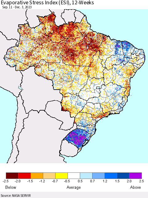 Brazil Evaporative Stress Index (ESI), 12-Weeks Thematic Map For 11/27/2023 - 12/3/2023
