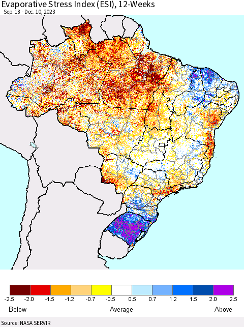 Brazil Evaporative Stress Index (ESI), 12-Weeks Thematic Map For 12/4/2023 - 12/10/2023