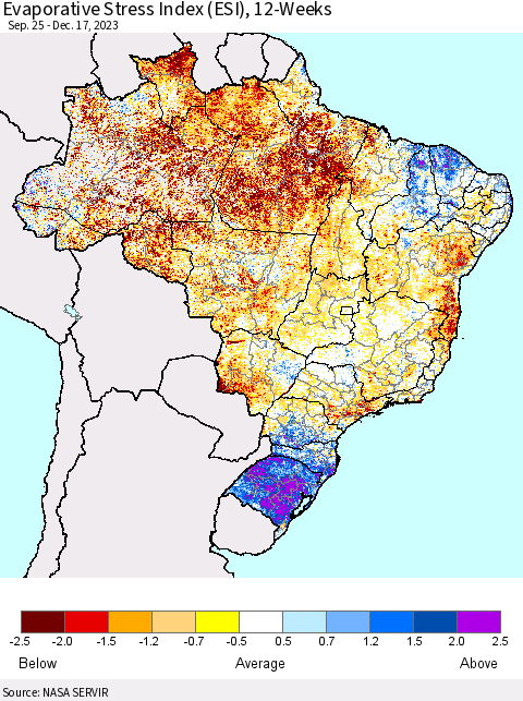 Brazil Evaporative Stress Index (ESI), 12-Weeks Thematic Map For 12/11/2023 - 12/17/2023