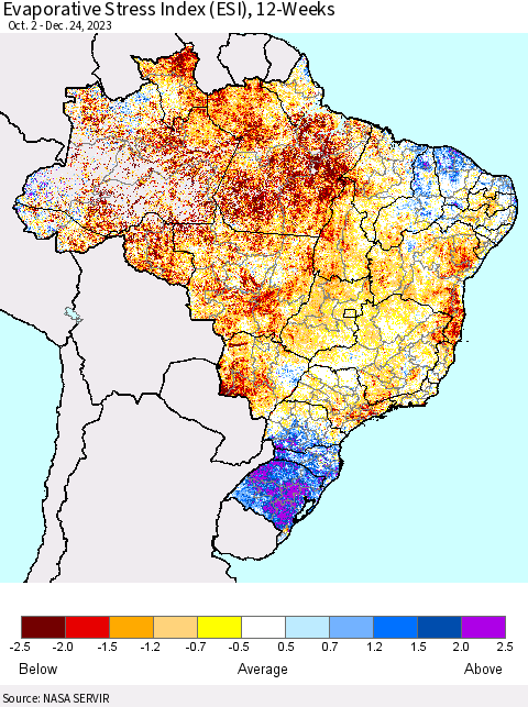 Brazil Evaporative Stress Index (ESI), 12-Weeks Thematic Map For 12/18/2023 - 12/24/2023