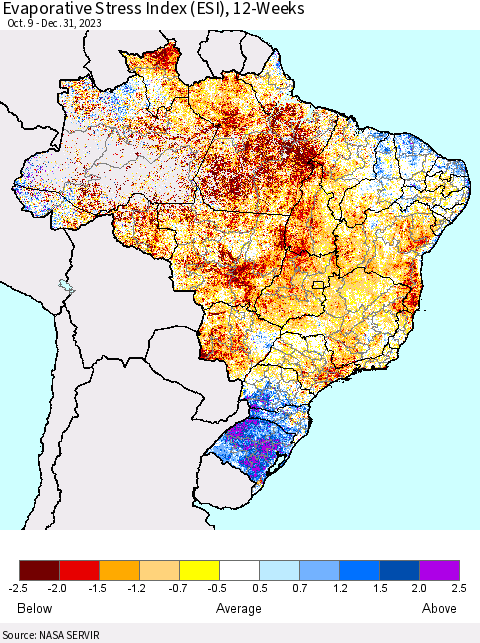 Brazil Evaporative Stress Index (ESI), 12-Weeks Thematic Map For 12/25/2023 - 12/31/2023