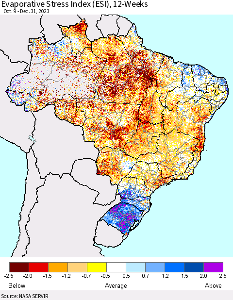Brazil Evaporative Stress Index (ESI), 12-Weeks Thematic Map For 1/1/2024 - 1/7/2024
