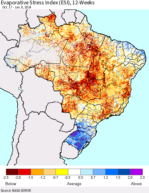 Brazil Evaporative Stress Index (ESI), 12-Weeks Thematic Map For 1/8/2024 - 1/14/2024
