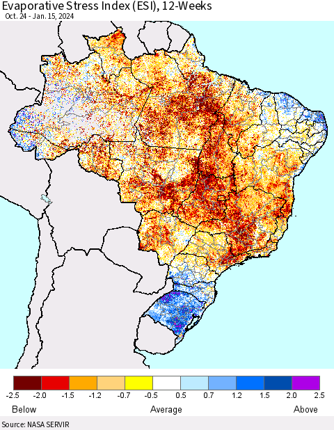 Brazil Evaporative Stress Index (ESI), 12-Weeks Thematic Map For 1/15/2024 - 1/21/2024