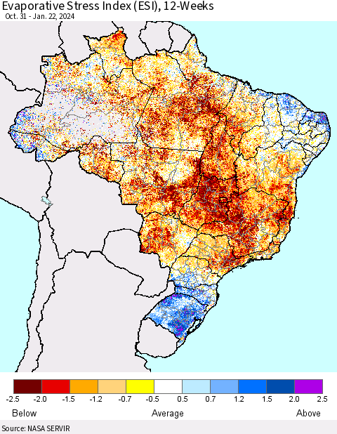 Brazil Evaporative Stress Index (ESI), 12-Weeks Thematic Map For 1/22/2024 - 1/28/2024