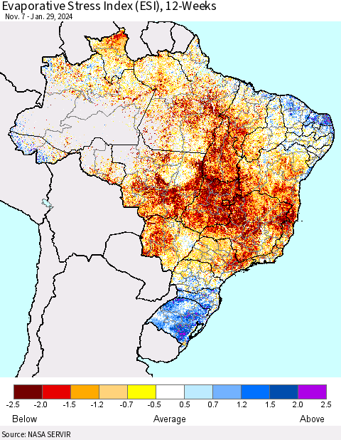 Brazil Evaporative Stress Index (ESI), 12-Weeks Thematic Map For 1/29/2024 - 2/4/2024