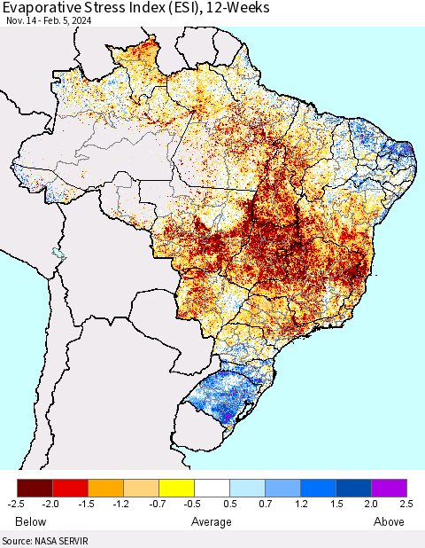 Brazil Evaporative Stress Index (ESI), 12-Weeks Thematic Map For 2/5/2024 - 2/11/2024