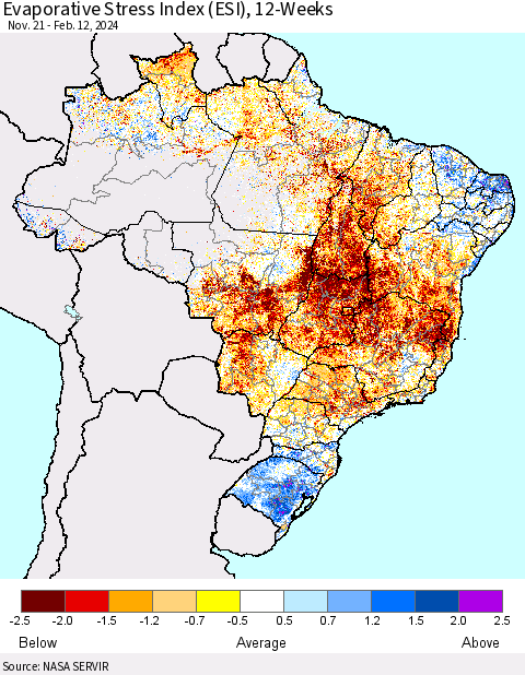 Brazil Evaporative Stress Index (ESI), 12-Weeks Thematic Map For 2/12/2024 - 2/18/2024