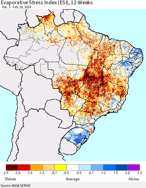 Brazil Evaporative Stress Index (ESI), 12-Weeks Thematic Map For 2/26/2024 - 3/3/2024