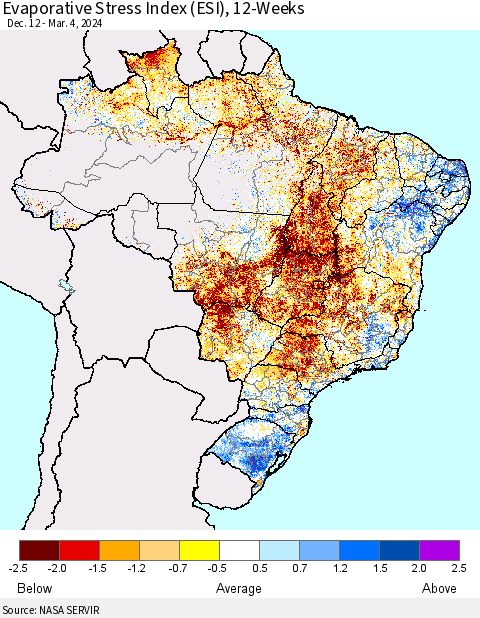 Brazil Evaporative Stress Index (ESI), 12-Weeks Thematic Map For 3/4/2024 - 3/10/2024
