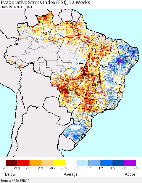 Brazil Evaporative Stress Index (ESI), 12-Weeks Thematic Map For 3/11/2024 - 3/17/2024