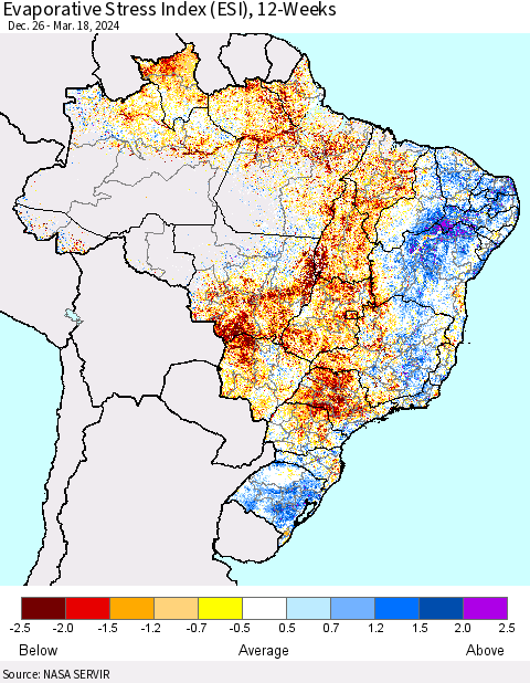 Brazil Evaporative Stress Index (ESI), 12-Weeks Thematic Map For 3/18/2024 - 3/24/2024