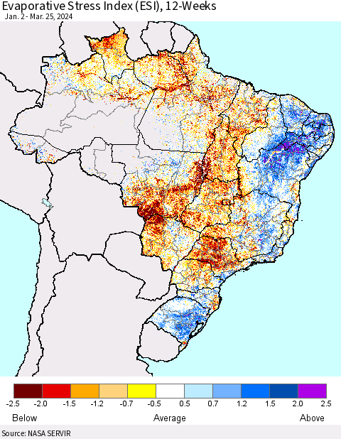Brazil Evaporative Stress Index (ESI), 12-Weeks Thematic Map For 3/25/2024 - 3/31/2024