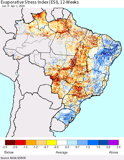 Brazil Evaporative Stress Index (ESI), 12-Weeks Thematic Map For 4/1/2024 - 4/7/2024