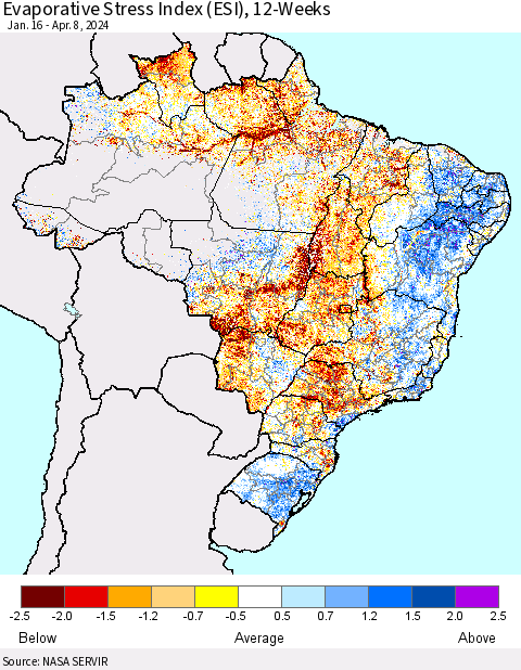Brazil Evaporative Stress Index (ESI), 12-Weeks Thematic Map For 4/8/2024 - 4/14/2024
