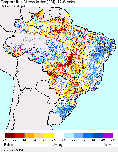 Brazil Evaporative Stress Index (ESI), 12-Weeks Thematic Map For 4/15/2024 - 4/21/2024
