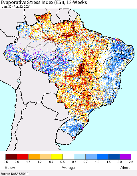 Brazil Evaporative Stress Index (ESI), 12-Weeks Thematic Map For 4/22/2024 - 4/28/2024