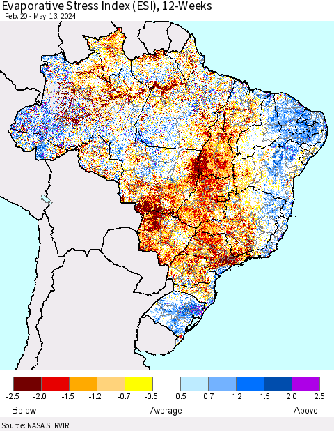 Brazil Evaporative Stress Index (ESI), 12-Weeks Thematic Map For 5/13/2024 - 5/19/2024