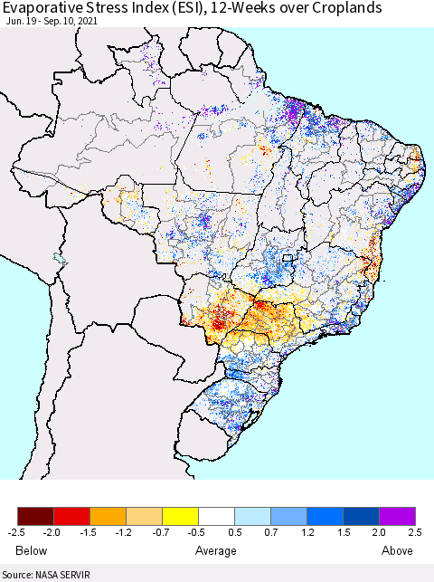 Brazil Evaporative Stress Index (ESI), 12-Weeks over Croplands Thematic Map For 9/6/2021 - 9/12/2021
