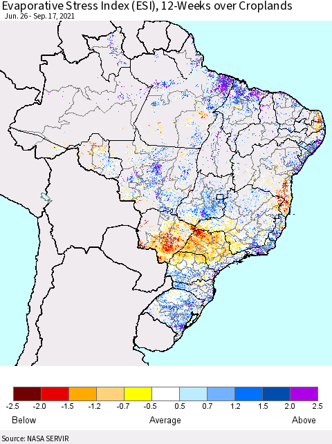 Brazil Evaporative Stress Index (ESI), 12-Weeks over Croplands Thematic Map For 9/13/2021 - 9/19/2021